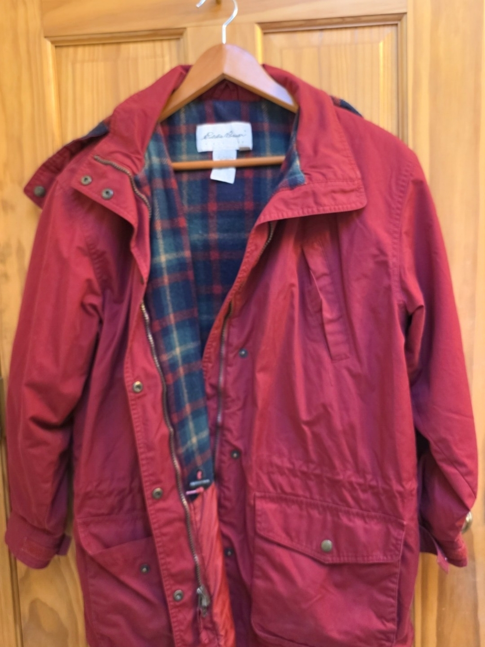Eddie Bauer Red Utility Jacket with Plaid Lining And Hood